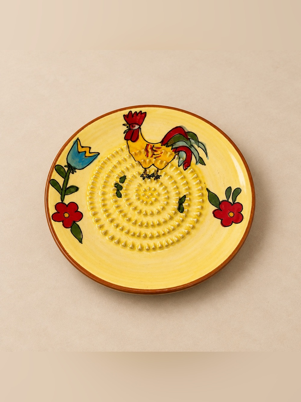 Fine French Hand Painted Rooster and Flower Print Garlic Grater Plate